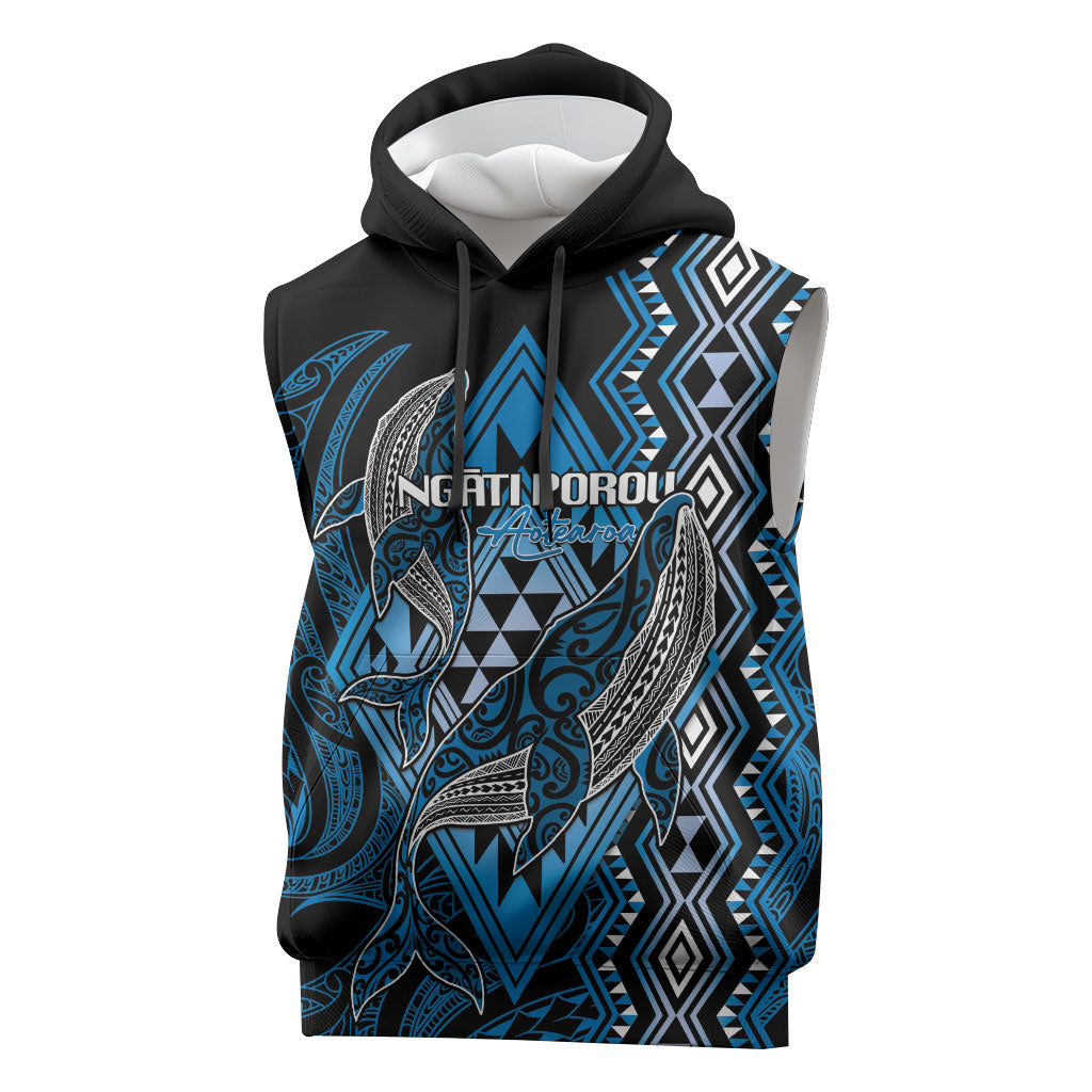 Aotearoa Iwi Ngati Porou Personalised Sleeveless Hoodie NZ Maori Humpback Whale Taniko Motifs LT14 Blue - Polynesian Pride