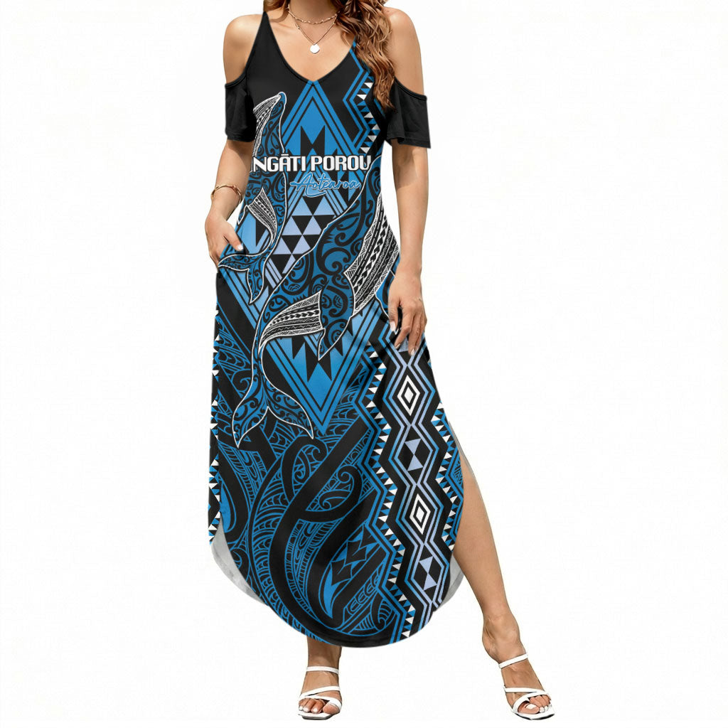 Aotearoa Iwi Ngati Porou Personalised Summer Maxi Dress NZ Maori Humpback Whale Taniko Motifs LT14 Women Blue - Polynesian Pride