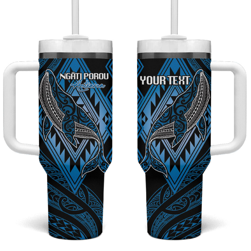 Aotearoa Iwi Ngati Porou Personalised Tumbler With Handle NZ Maori Humpback Whale Taniko Motifs LT14 One Size: 40 oz Blue - Polynesian Pride