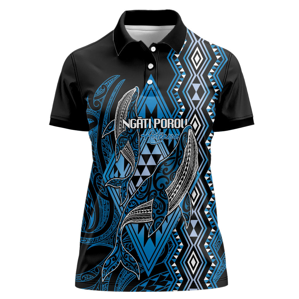 Aotearoa Iwi Ngati Porou Personalised Women Polo Shirt NZ Maori Humpback Whale Taniko Motifs LT14 Female Blue - Polynesian Pride