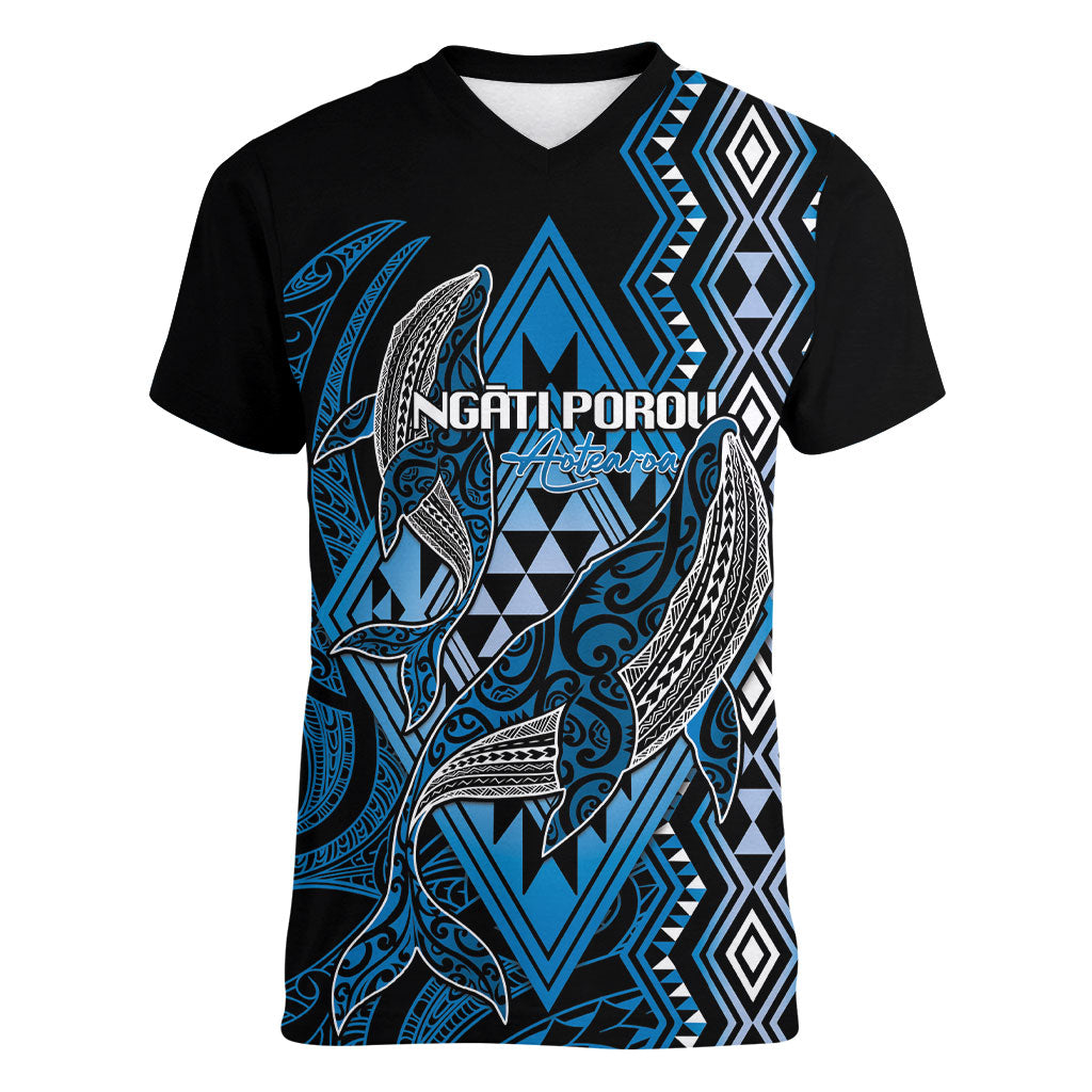 Aotearoa Iwi Ngati Porou Personalised Women V-Neck T-Shirt NZ Maori Humpback Whale Taniko Motifs LT14 Female Blue - Polynesian Pride