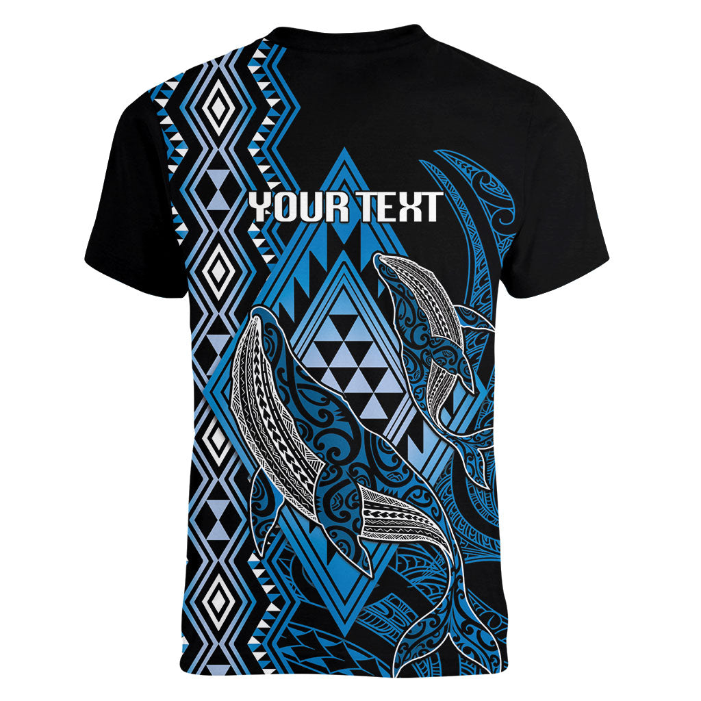 Aotearoa Iwi Ngati Porou Personalised Women V-Neck T-Shirt NZ Maori Humpback Whale Taniko Motifs LT14 - Polynesian Pride