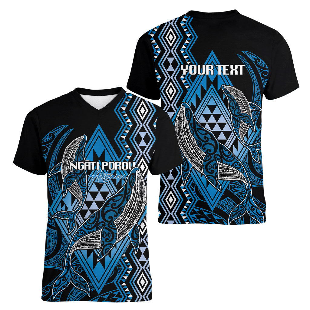 Aotearoa Iwi Ngati Porou Personalised Women V-Neck T-Shirt NZ Maori Humpback Whale Taniko Motifs LT14 - Polynesian Pride