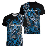 Aotearoa Iwi Ngati Porou Personalised Women V-Neck T-Shirt NZ Maori Humpback Whale Taniko Motifs LT14 - Polynesian Pride