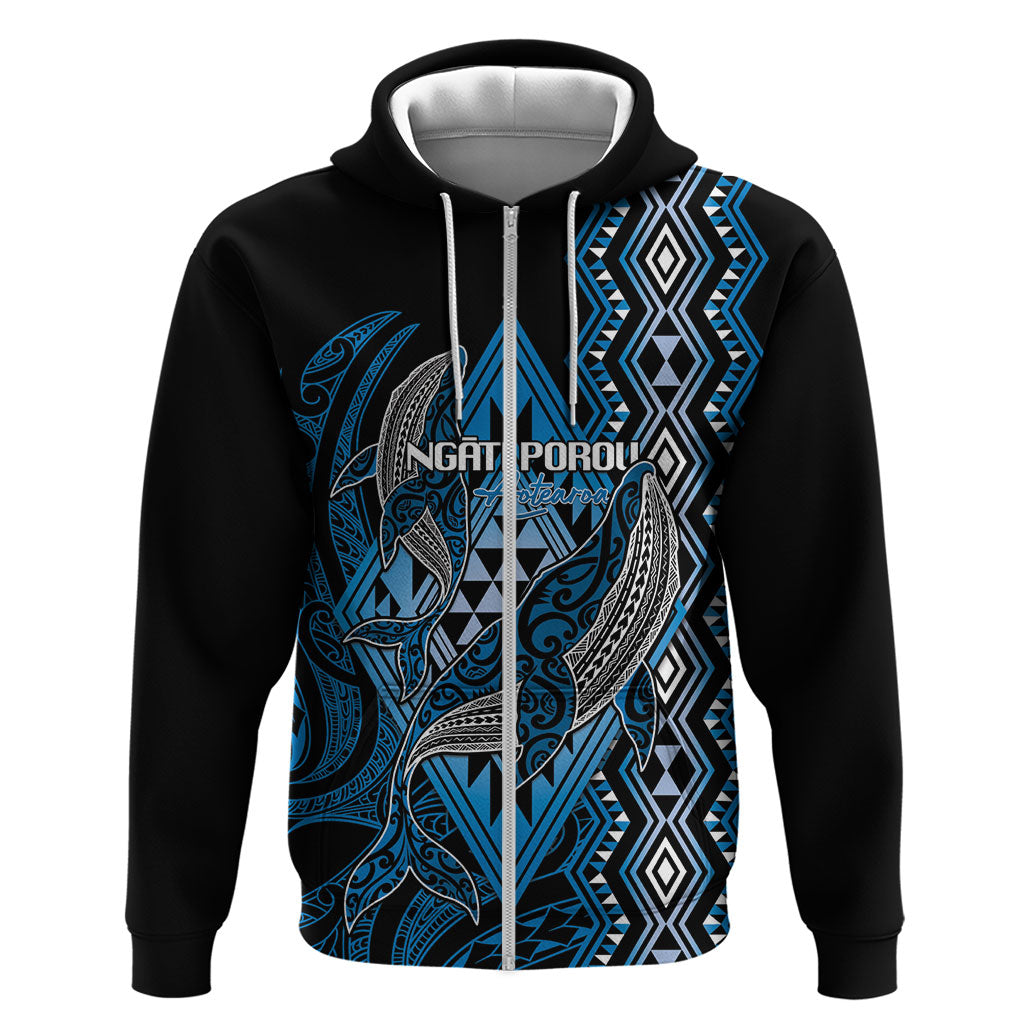 Aotearoa Iwi Ngati Porou Personalised Zip Hoodie NZ Maori Humpback Whale Taniko Motifs LT14 Zip Hoodie Blue - Polynesian Pride