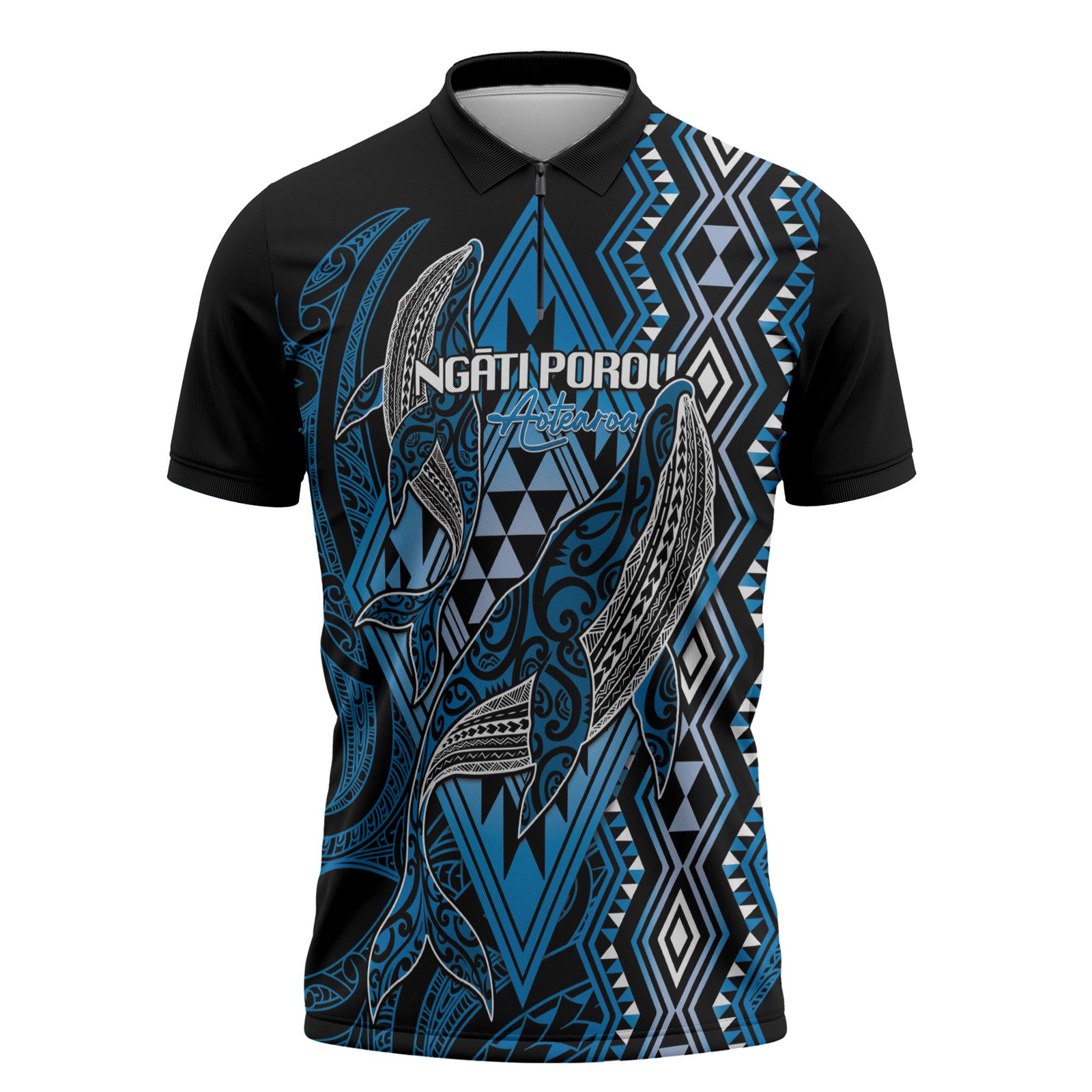 Aotearoa Iwi Ngati Porou Personalised Zipper Polo Shirt NZ Maori Humpback Whale Taniko Motifs LT14 Blue - Polynesian Pride