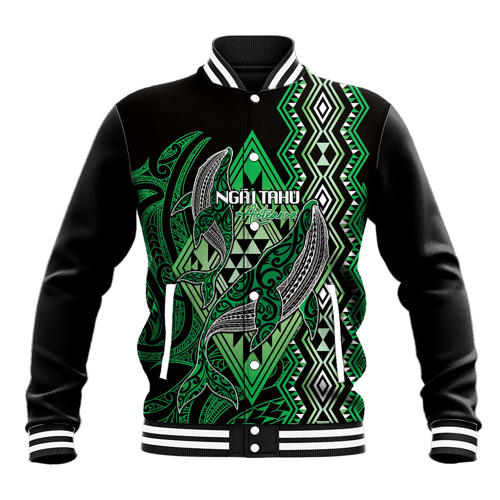 Aotearoa Iwi Ngai Tahu Personalised Baseball Jacket NZ Maori Humpback Whale Taniko Motifs LT14 Unisex Green - Polynesian Pride