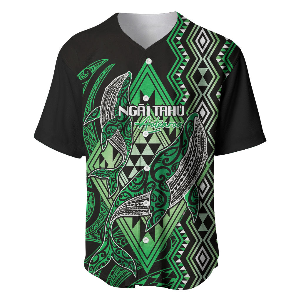 Aotearoa Iwi Ngai Tahu Personalised Baseball Jersey NZ Maori Humpback Whale Taniko Motifs LT14 Green - Polynesian Pride