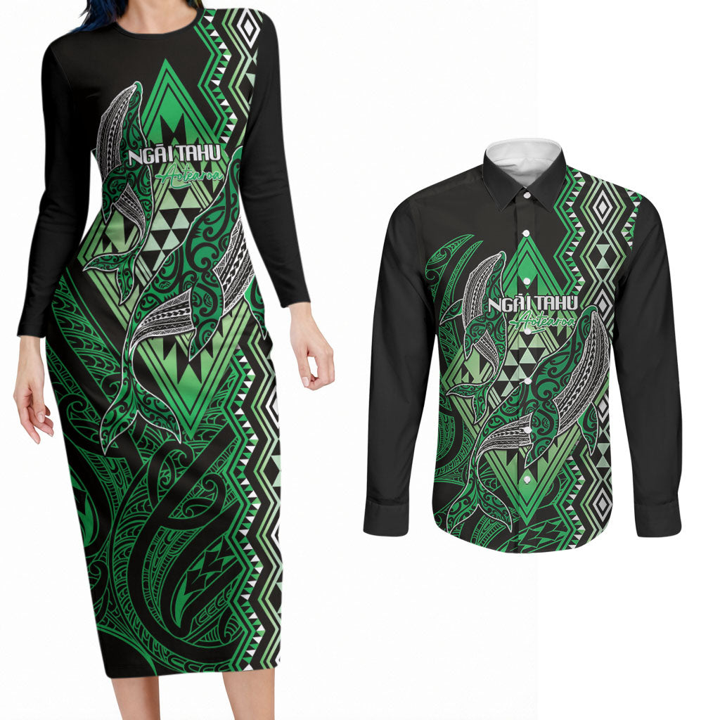 Aotearoa Iwi Ngai Tahu Personalised Couples Matching Long Sleeve Bodycon Dress and Long Sleeve Button Shirt NZ Maori Humpback Whale Taniko Motifs LT14 Green - Polynesian Pride