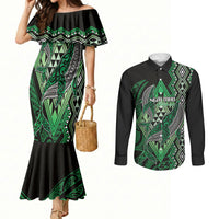 Aotearoa Iwi Ngai Tahu Personalised Couples Matching Mermaid Dress and Long Sleeve Button Shirt NZ Maori Humpback Whale Taniko Motifs LT14 Green - Polynesian Pride