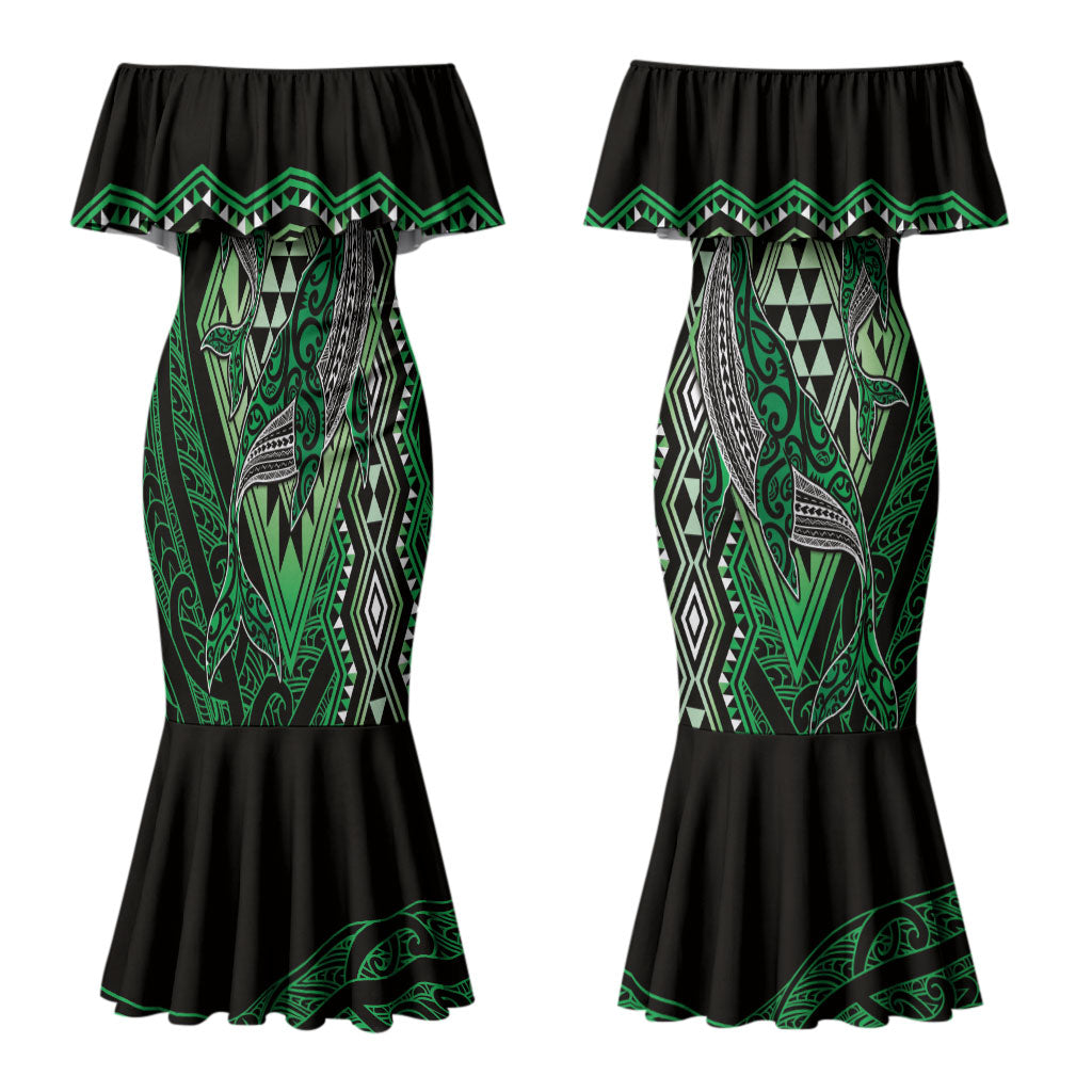 Aotearoa Iwi Ngai Tahu Personalised Couples Matching Mermaid Dress and Long Sleeve Button Shirt NZ Maori Humpback Whale Taniko Motifs LT14 - Polynesian Pride