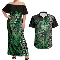 Aotearoa Iwi Ngai Tahu Personalised Couples Matching Off Shoulder Maxi Dress and Hawaiian Shirt NZ Maori Humpback Whale Taniko Motifs LT14 Green - Polynesian Pride