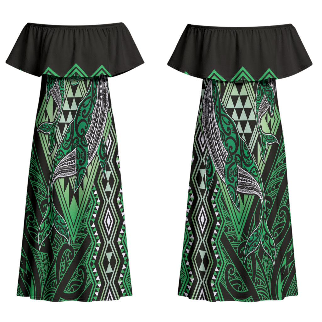 Aotearoa Iwi Ngai Tahu Personalised Couples Matching Off Shoulder Maxi Dress and Hawaiian Shirt NZ Maori Humpback Whale Taniko Motifs LT14 - Polynesian Pride