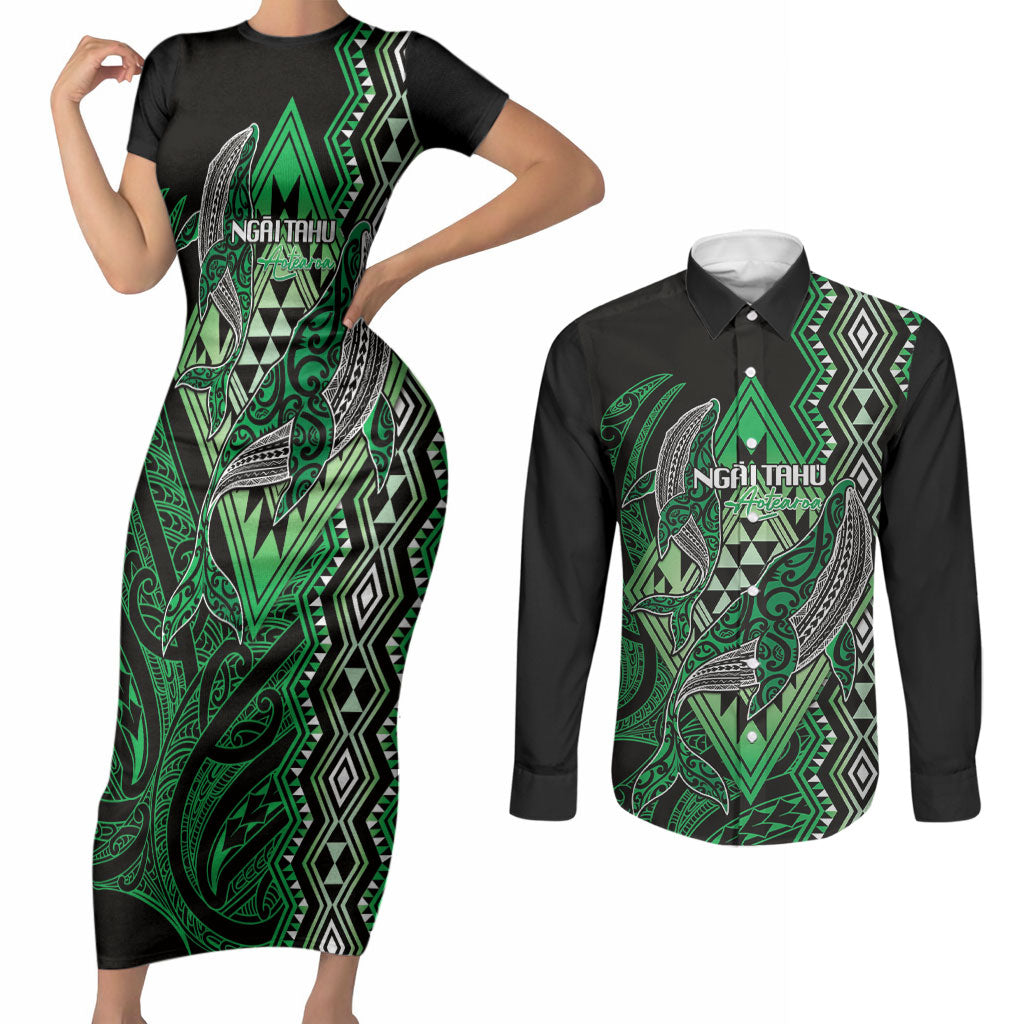 Aotearoa Iwi Ngai Tahu Personalised Couples Matching Short Sleeve Bodycon Dress and Long Sleeve Button Shirt NZ Maori Humpback Whale Taniko Motifs LT14 Green - Polynesian Pride