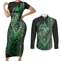 Aotearoa Iwi Ngai Tahu Personalised Couples Matching Short Sleeve Bodycon Dress and Long Sleeve Button Shirt NZ Maori Humpback Whale Taniko Motifs LT14 Green - Polynesian Pride