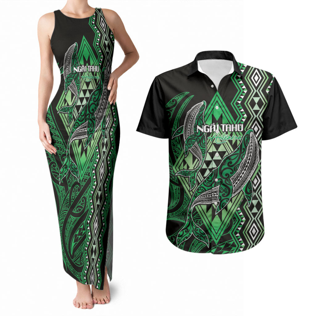 Aotearoa Iwi Ngai Tahu Personalised Couples Matching Tank Maxi Dress and Hawaiian Shirt NZ Maori Humpback Whale Taniko Motifs LT14 Green - Polynesian Pride