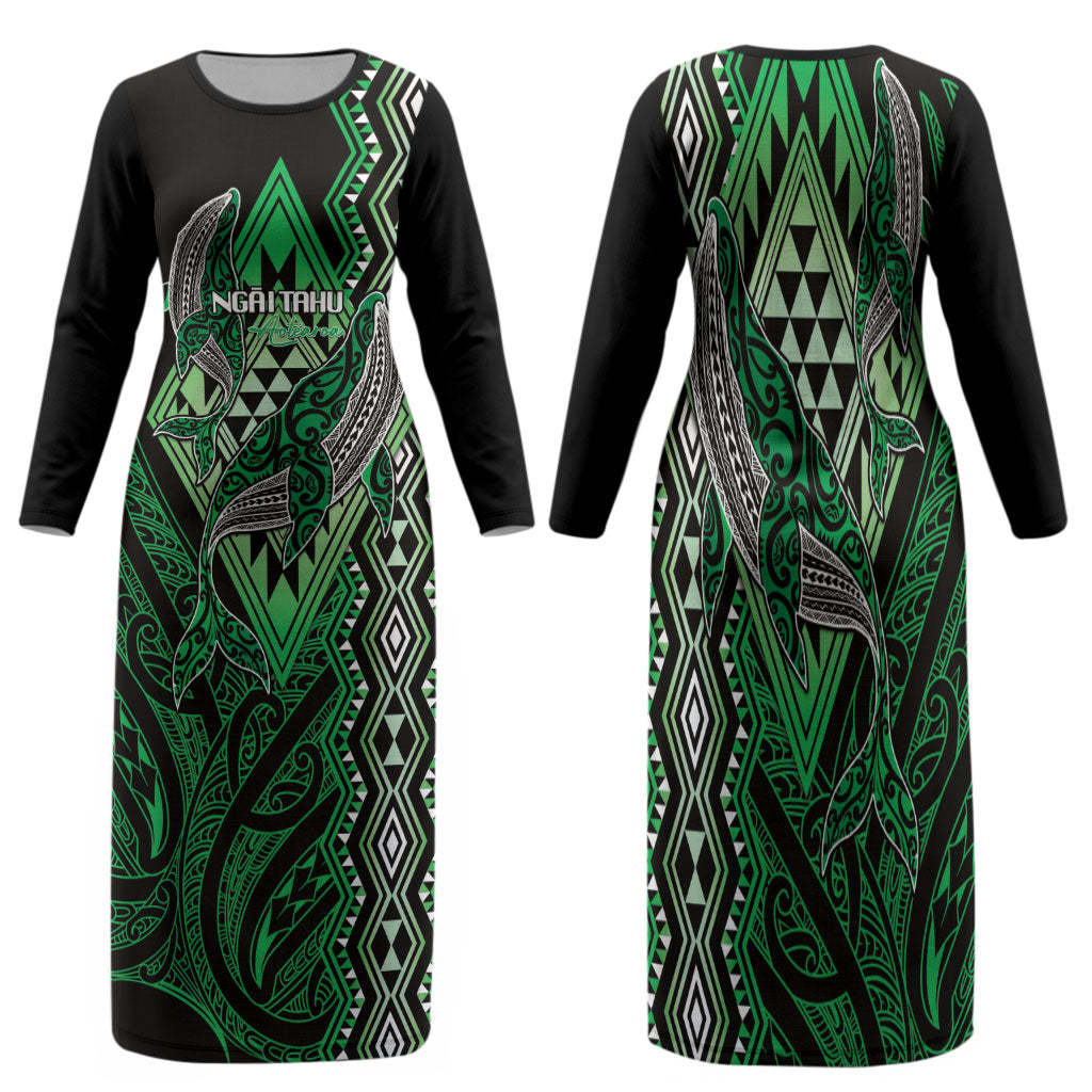 Aotearoa Iwi Ngai Tahu Personalised Family Matching Long Sleeve Bodycon Dress and Hawaiian Shirt NZ Maori Humpback Whale Taniko Motifs LT14 Mom's Dress Green - Polynesian Pride