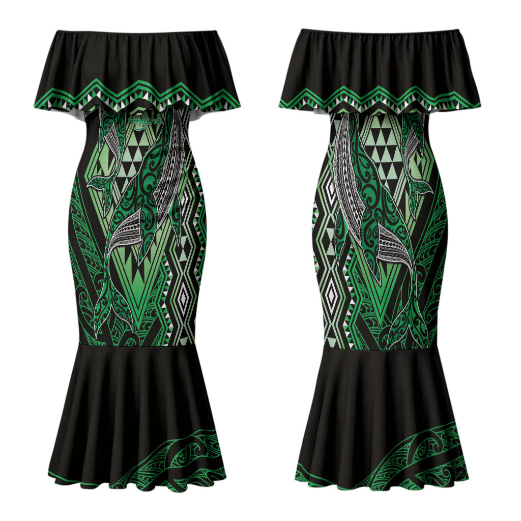 Aotearoa Iwi Ngai Tahu Personalised Family Matching Mermaid Dress and Hawaiian Shirt NZ Maori Humpback Whale Taniko Motifs LT14 Mom's Dress Green - Polynesian Pride