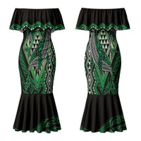 Aotearoa Iwi Ngai Tahu Personalised Family Matching Mermaid Dress and Hawaiian Shirt NZ Maori Humpback Whale Taniko Motifs LT14 Mom's Dress Green - Polynesian Pride