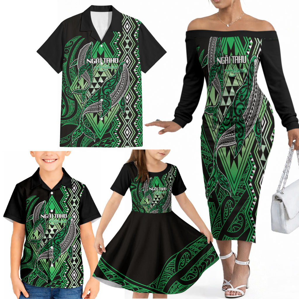 Aotearoa Iwi Ngai Tahu Personalised Family Matching Off The Shoulder Long Sleeve Dress and Hawaiian Shirt NZ Maori Humpback Whale Taniko Motifs LT14 - Polynesian Pride