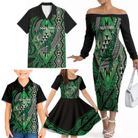 Aotearoa Iwi Ngai Tahu Personalised Family Matching Off The Shoulder Long Sleeve Dress and Hawaiian Shirt NZ Maori Humpback Whale Taniko Motifs LT14 - Polynesian Pride