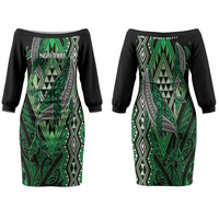 Aotearoa Iwi Ngai Tahu Personalised Family Matching Off The Shoulder Long Sleeve Dress and Hawaiian Shirt NZ Maori Humpback Whale Taniko Motifs LT14 Mom's Dress Green - Polynesian Pride