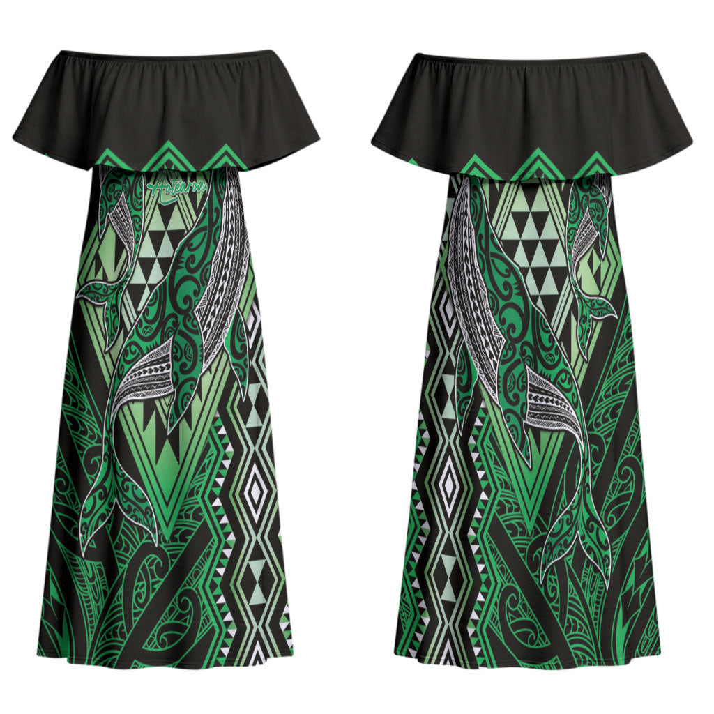 Aotearoa Iwi Ngai Tahu Personalised Family Matching Off Shoulder Maxi Dress and Hawaiian Shirt NZ Maori Humpback Whale Taniko Motifs LT14 Mom's Dress Green - Polynesian Pride
