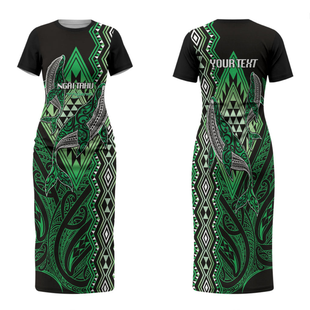 Aotearoa Iwi Ngai Tahu Personalised Family Matching Short Sleeve Bodycon Dress and Hawaiian Shirt NZ Maori Humpback Whale Taniko Motifs LT14 Mom's Dress Green - Polynesian Pride