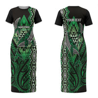Aotearoa Iwi Ngai Tahu Personalised Family Matching Short Sleeve Bodycon Dress and Hawaiian Shirt NZ Maori Humpback Whale Taniko Motifs LT14 Mom's Dress Green - Polynesian Pride