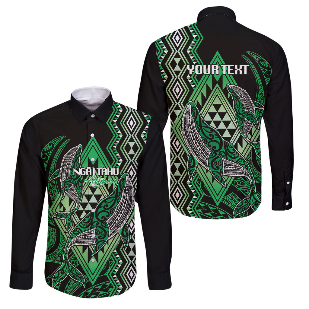 Aotearoa Iwi Ngai Tahu Personalised Family Matching Short Sleeve Bodycon Dress and Hawaiian Shirt NZ Maori Humpback Whale Taniko Motifs LT14 Dad's Shirt - Long Sleeve Green - Polynesian Pride