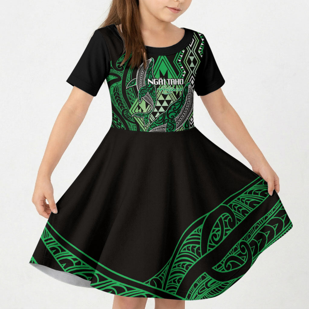 Aotearoa Iwi Ngai Tahu Personalised Kid Short Sleeve Dress NZ Maori Humpback Whale Taniko Motifs LT14 KID Green - Polynesian Pride