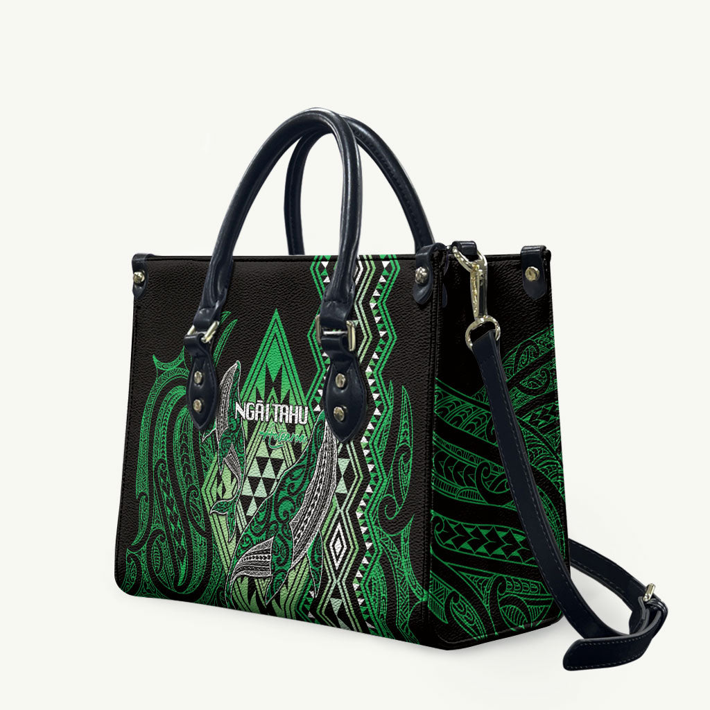 Aotearoa Iwi Ngai Tahu Leather Bag NZ Maori Humpback Whale Taniko Motifs LT14 Green - Polynesian Pride