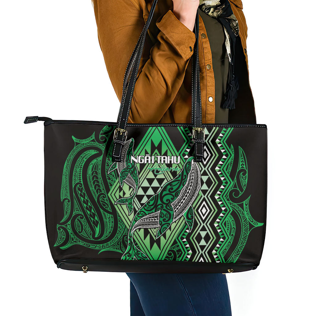Aotearoa Iwi Ngai Tahu Leather Tote Bag NZ Maori Humpback Whale Taniko Motifs LT14 - Polynesian Pride
