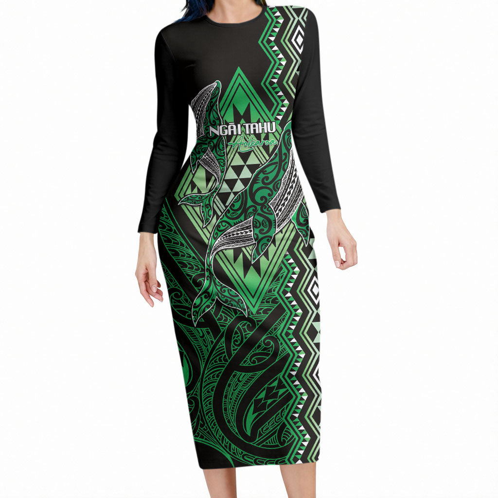 Aotearoa Iwi Ngai Tahu Personalised Long Sleeve Bodycon Dress NZ Maori Humpback Whale Taniko Motifs LT14 Long Dress Green - Polynesian Pride