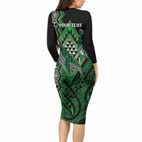Aotearoa Iwi Ngai Tahu Personalised Long Sleeve Bodycon Dress NZ Maori Humpback Whale Taniko Motifs LT14 - Polynesian Pride