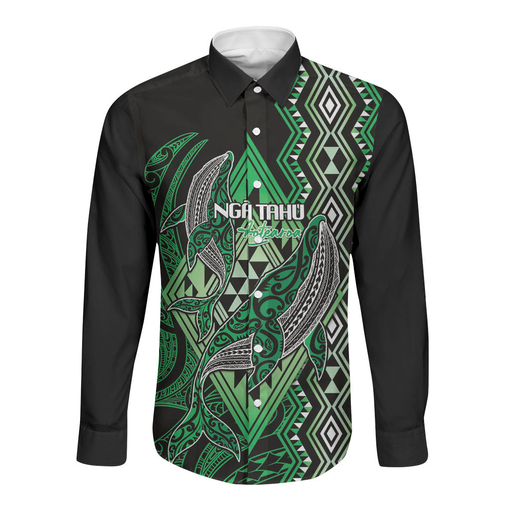 Aotearoa Iwi Ngai Tahu Personalised Long Sleeve Button Shirt NZ Maori Humpback Whale Taniko Motifs LT14 Unisex Green - Polynesian Pride