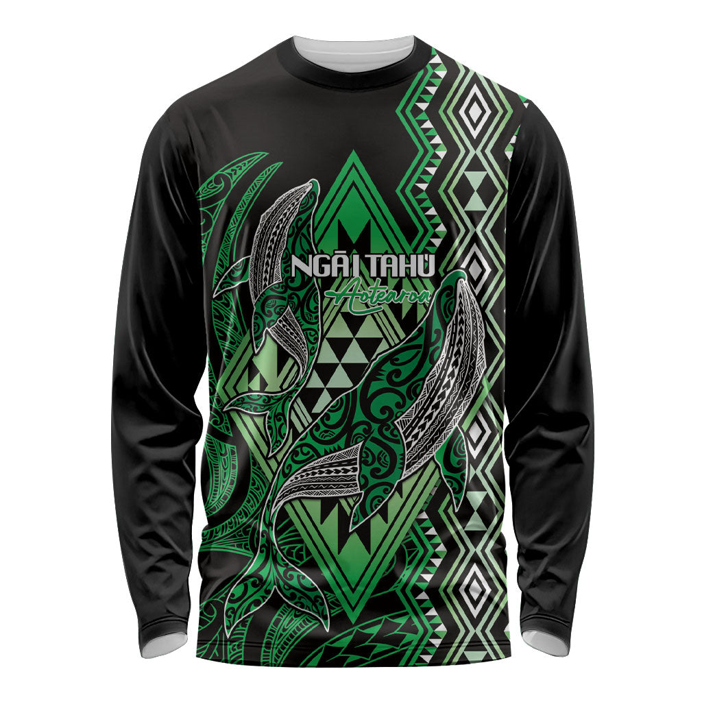 Aotearoa Iwi Ngai Tahu Personalised Long Sleeve Shirt NZ Maori Humpback Whale Taniko Motifs LT14 Unisex Green - Polynesian Pride