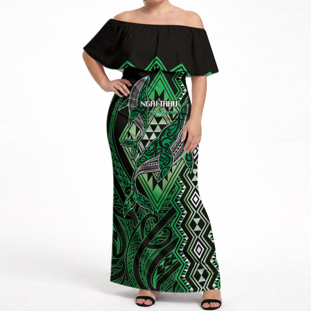 Aotearoa Iwi Ngai Tahu Personalised Off Shoulder Maxi Dress NZ Maori Humpback Whale Taniko Motifs LT14 Women Green - Polynesian Pride