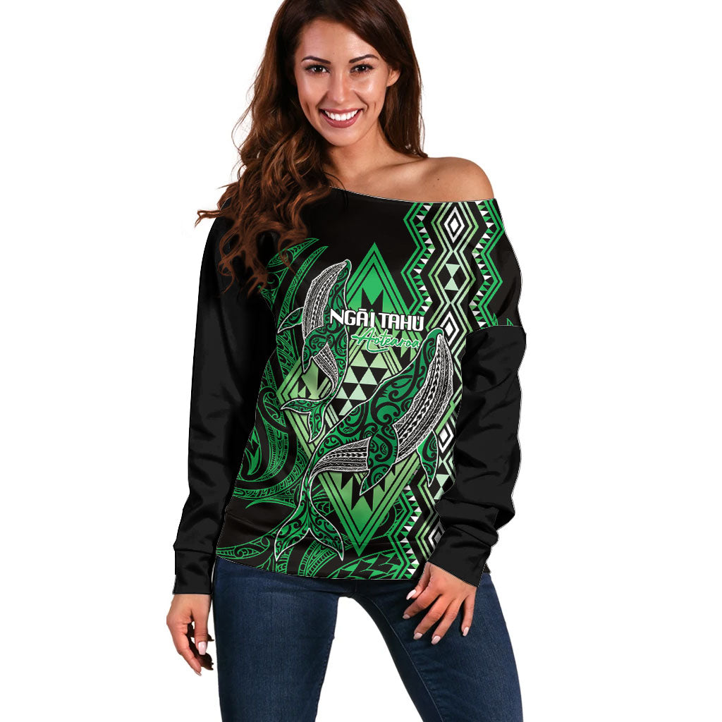 Aotearoa Iwi Ngai Tahu Personalised Off Shoulder Sweater NZ Maori Humpback Whale Taniko Motifs LT14 Women Green - Polynesian Pride