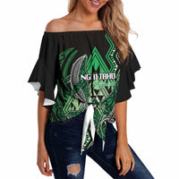 Aotearoa Iwi Ngai Tahu Personalised Off Shoulder Wrap Waist Top NZ Maori Humpback Whale Taniko Motifs LT14 Green - Polynesian Pride