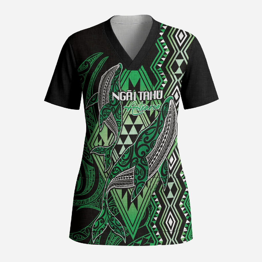 Aotearoa Iwi Ngai Tahu Personalised Scrub Top NZ Maori Humpback Whale Taniko Motifs LT14 Adult Green - Polynesian Pride