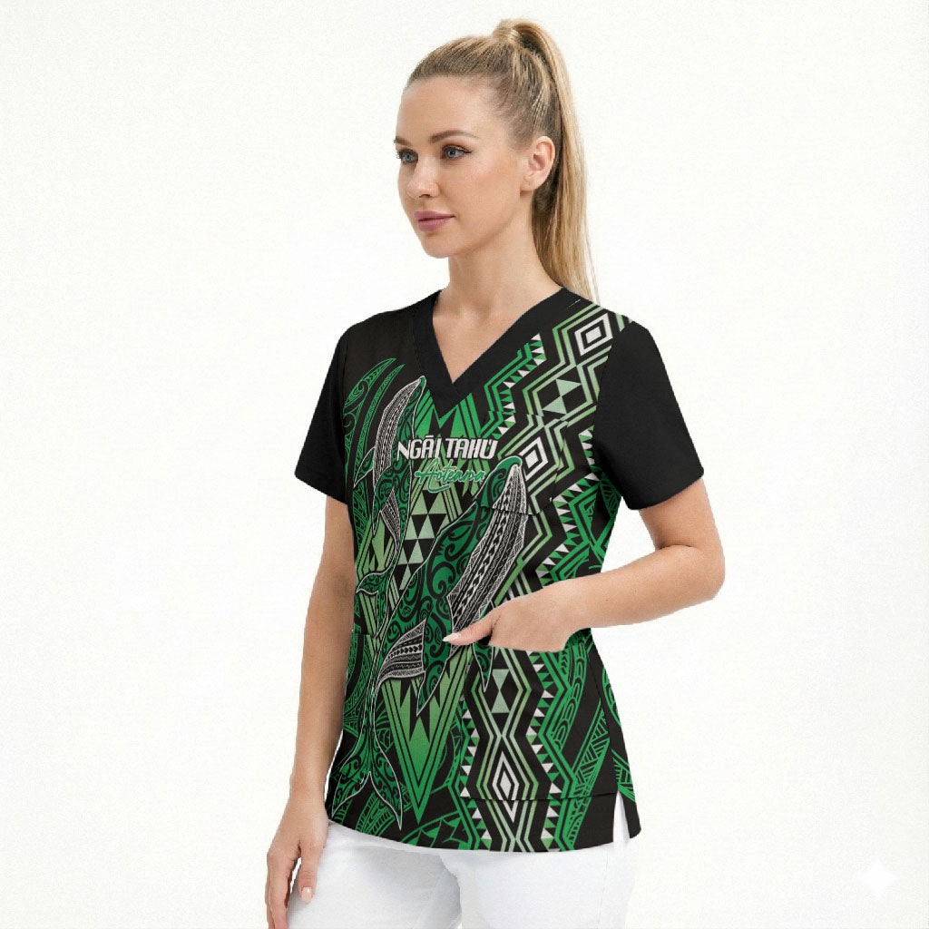 Aotearoa Iwi Ngai Tahu Personalised Scrub Top NZ Maori Humpback Whale Taniko Motifs LT14 - Polynesian Pride