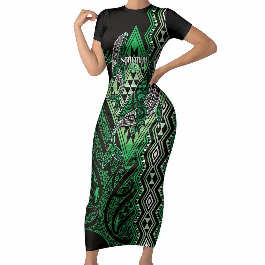 Aotearoa Iwi Ngai Tahu Personalised Short Sleeve Bodycon Dress NZ Maori Humpback Whale Taniko Motifs LT14 Long Dress Green - Polynesian Pride