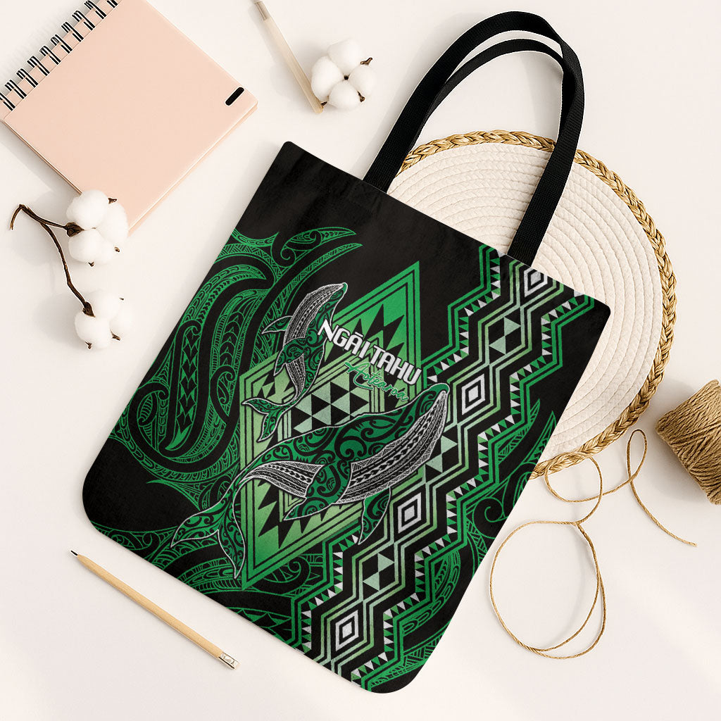 Aotearoa Iwi Ngai Tahu Tote Bag NZ Maori Humpback Whale Taniko Motifs LT14 Black Strap One Size Green - Polynesian Pride