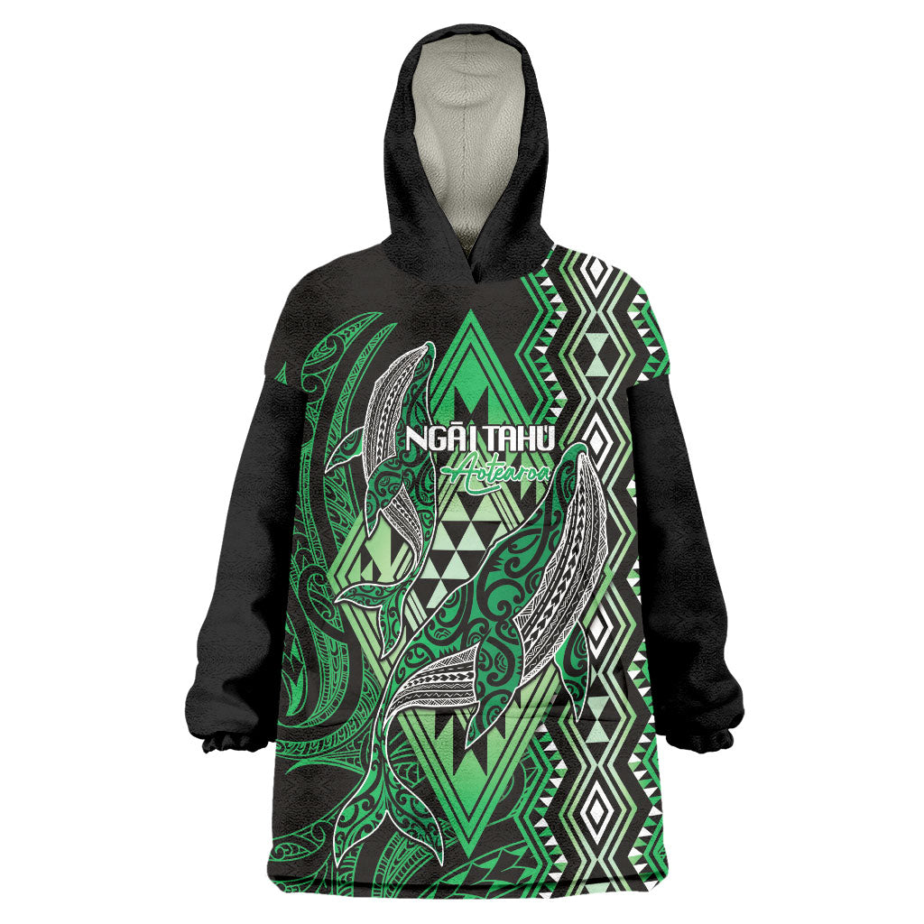 Aotearoa Iwi Ngai Tahu Personalised Wearable Blanket Hoodie NZ Maori Humpback Whale Taniko Motifs LT14 One Size Green - Polynesian Pride