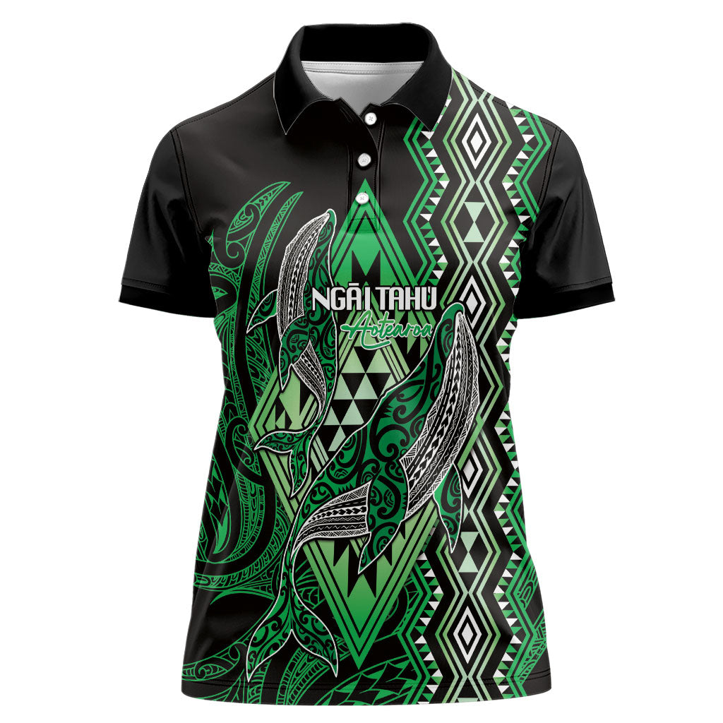 Aotearoa Iwi Ngai Tahu Personalised Women Polo Shirt NZ Maori Humpback Whale Taniko Motifs LT14 Female Green - Polynesian Pride