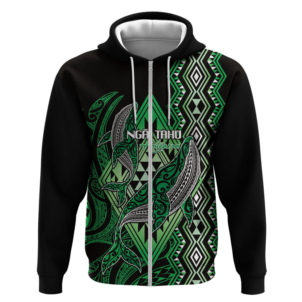 Aotearoa Iwi Ngai Tahu Personalised Zip Hoodie NZ Maori Humpback Whale Taniko Motifs LT14 Zip Hoodie Green - Polynesian Pride