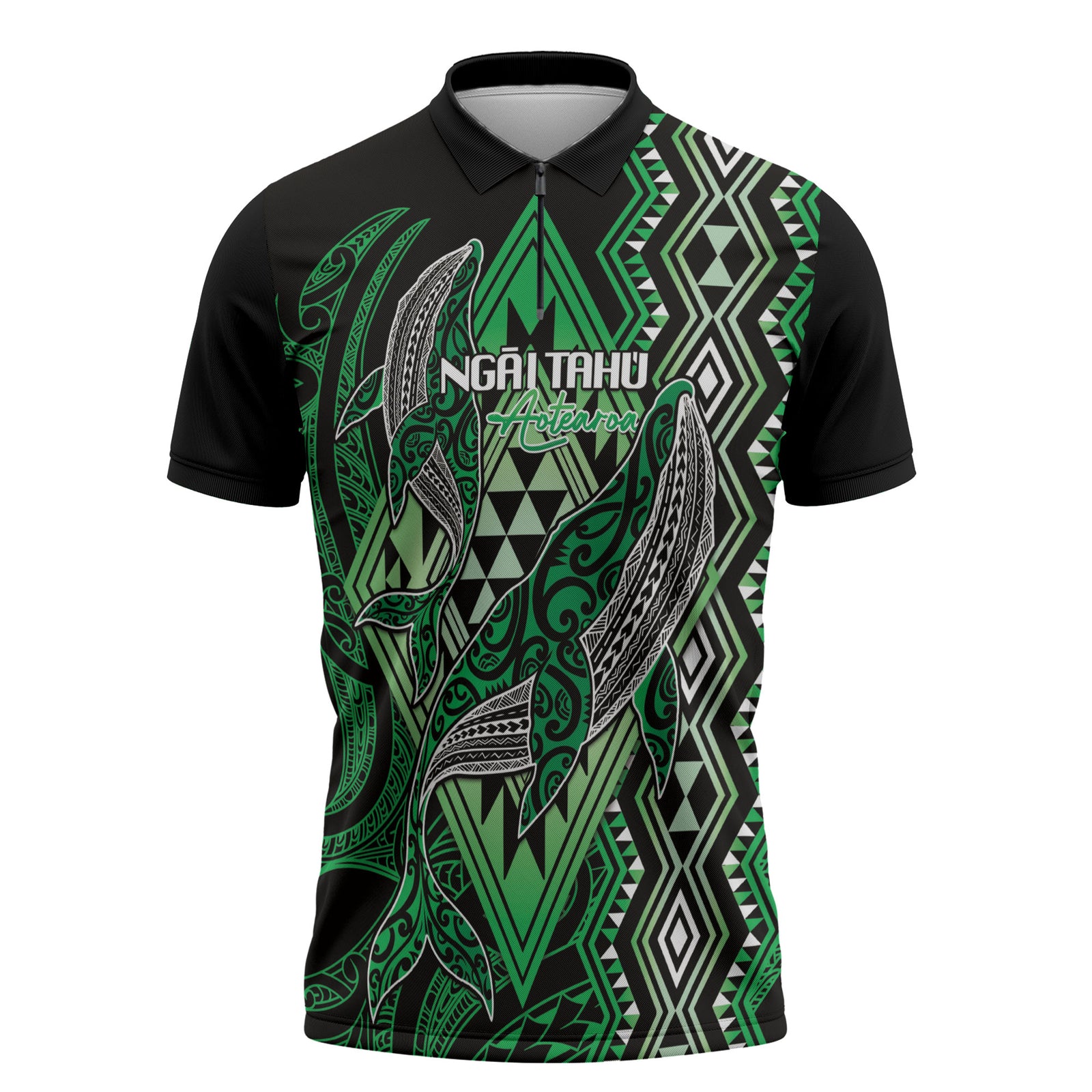 Aotearoa Iwi Ngai Tahu Personalised Zipper Polo Shirt NZ Maori Humpback Whale Taniko Motifs LT14 Green - Polynesian Pride