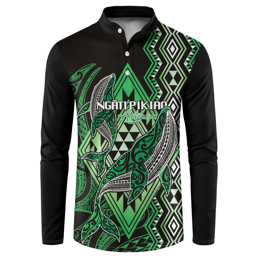 Aotearoa Iwi Ngati Pikiao Personalised Button Sweatshirt NZ Maori Humpback Whale Taniko Motifs LT14 Green - Polynesian Pride