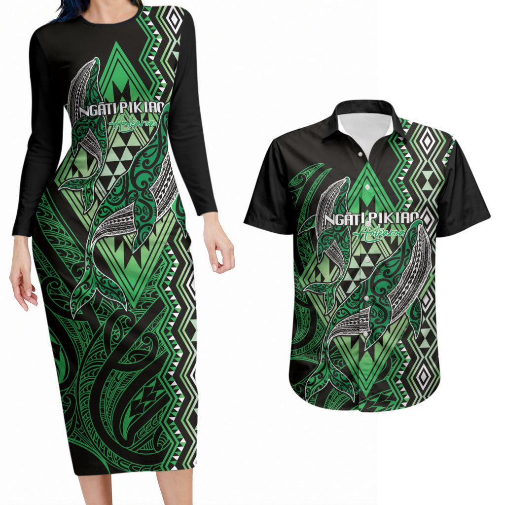 Aotearoa Iwi Ngati Pikiao Personalised Couples Matching Long Sleeve Bodycon Dress and Hawaiian Shirt NZ Maori Humpback Whale Taniko Motifs LT14 Green - Polynesian Pride